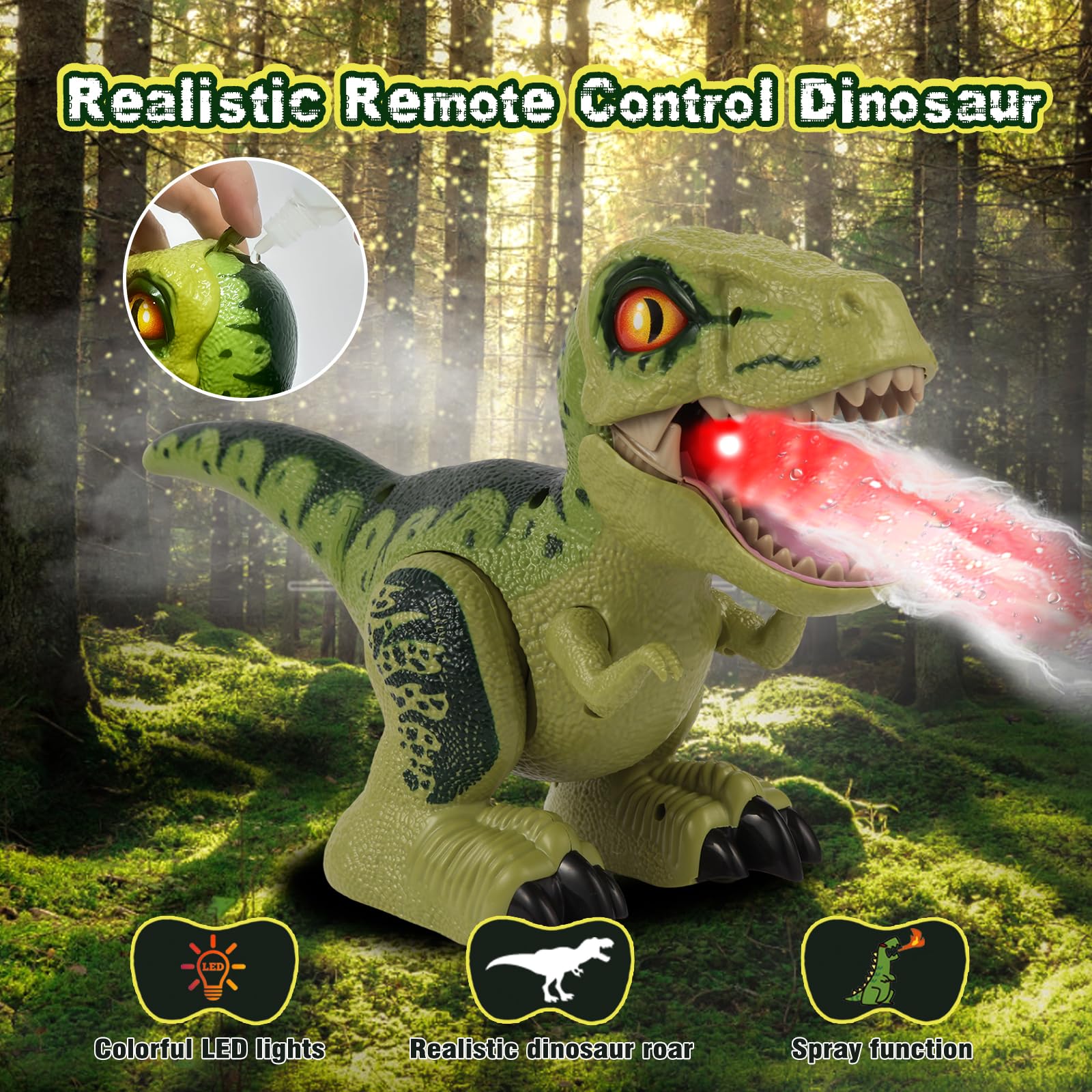 FIIOEOY dinosaur spray and light features enhance imaginative adventures.