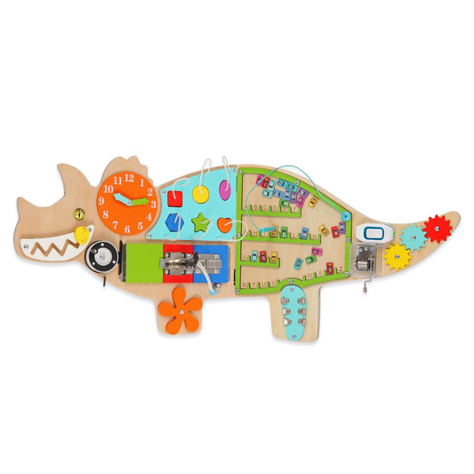 FIIOEOY dinosaur wall panel showing puzzle sliders to boost fine motor skills.