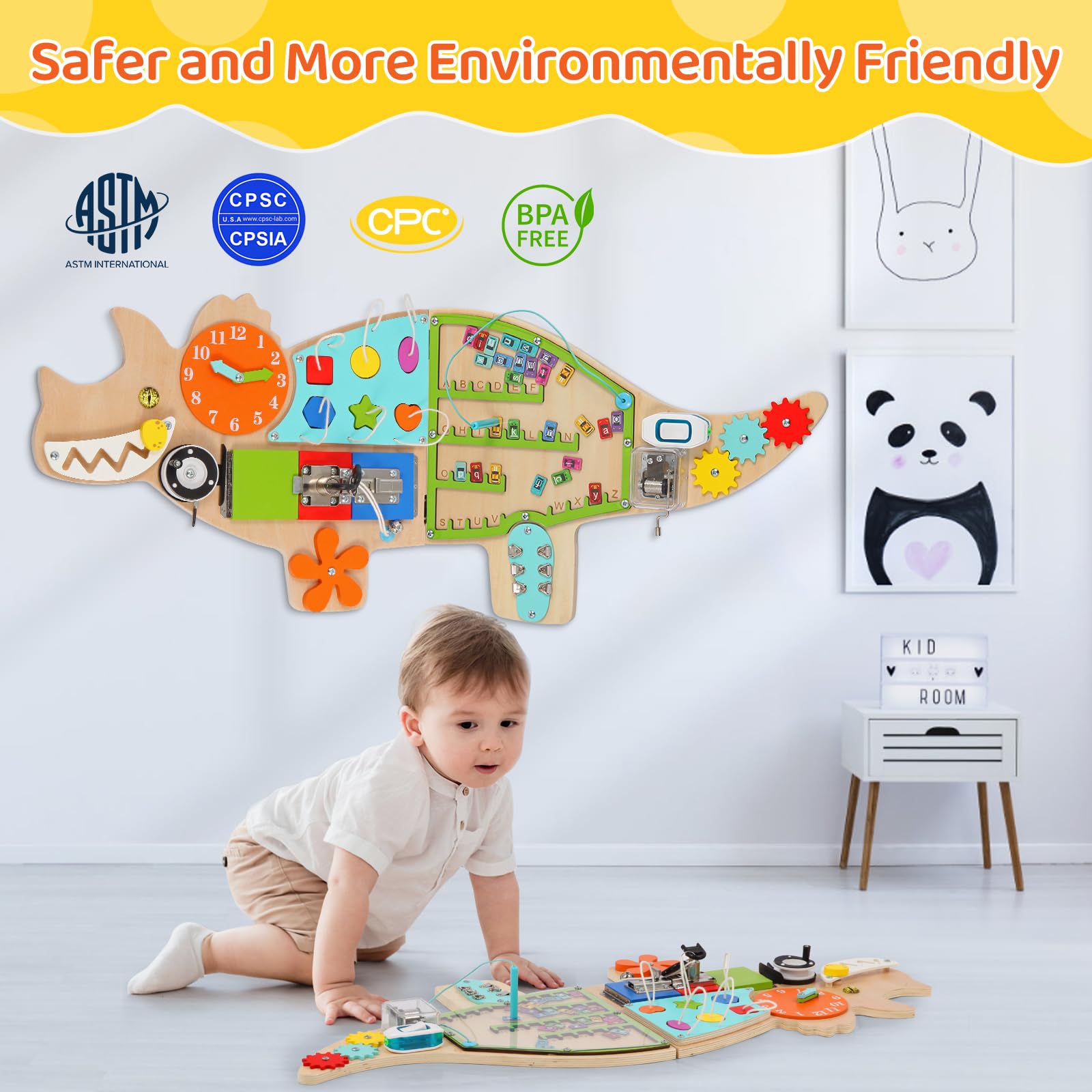 FIIOEOY dinosaur wall panel shape sorting activity for early geometry and tactile learning.