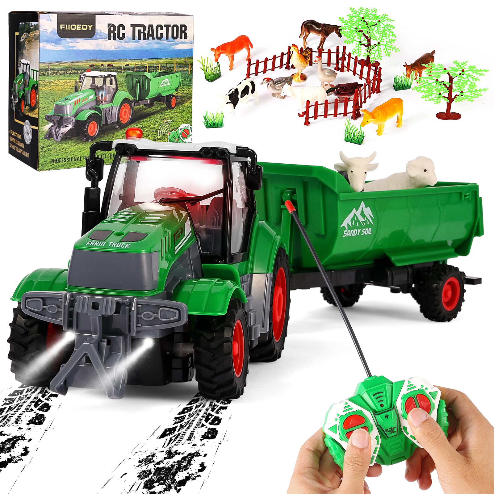 FIIOEOY remote tractor with trailer shown for versatile indoor and outdoor farm play