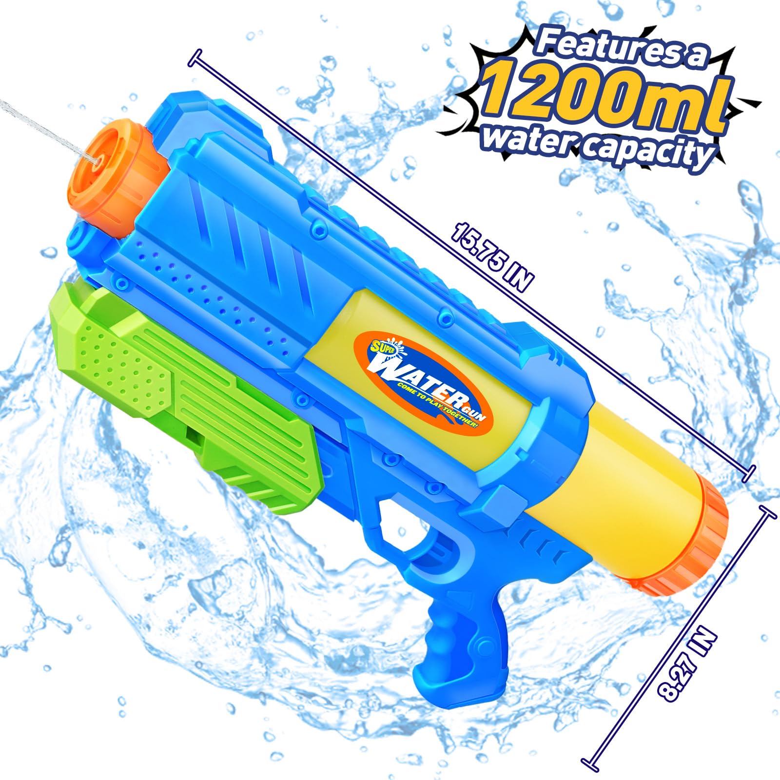 Fikamd Super Water Gun blue pack side view showing sleek profile.