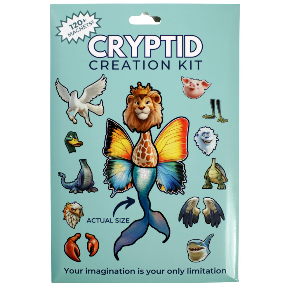 Filigree Fox Design cryptid magnets collection on fridge, vibrant and inviting for family play.