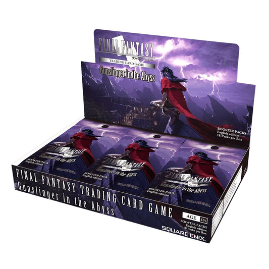 Final Fantasy Gunslinger in the Abyss booster box cover highlighting new FFXIV cards for collection and strategy