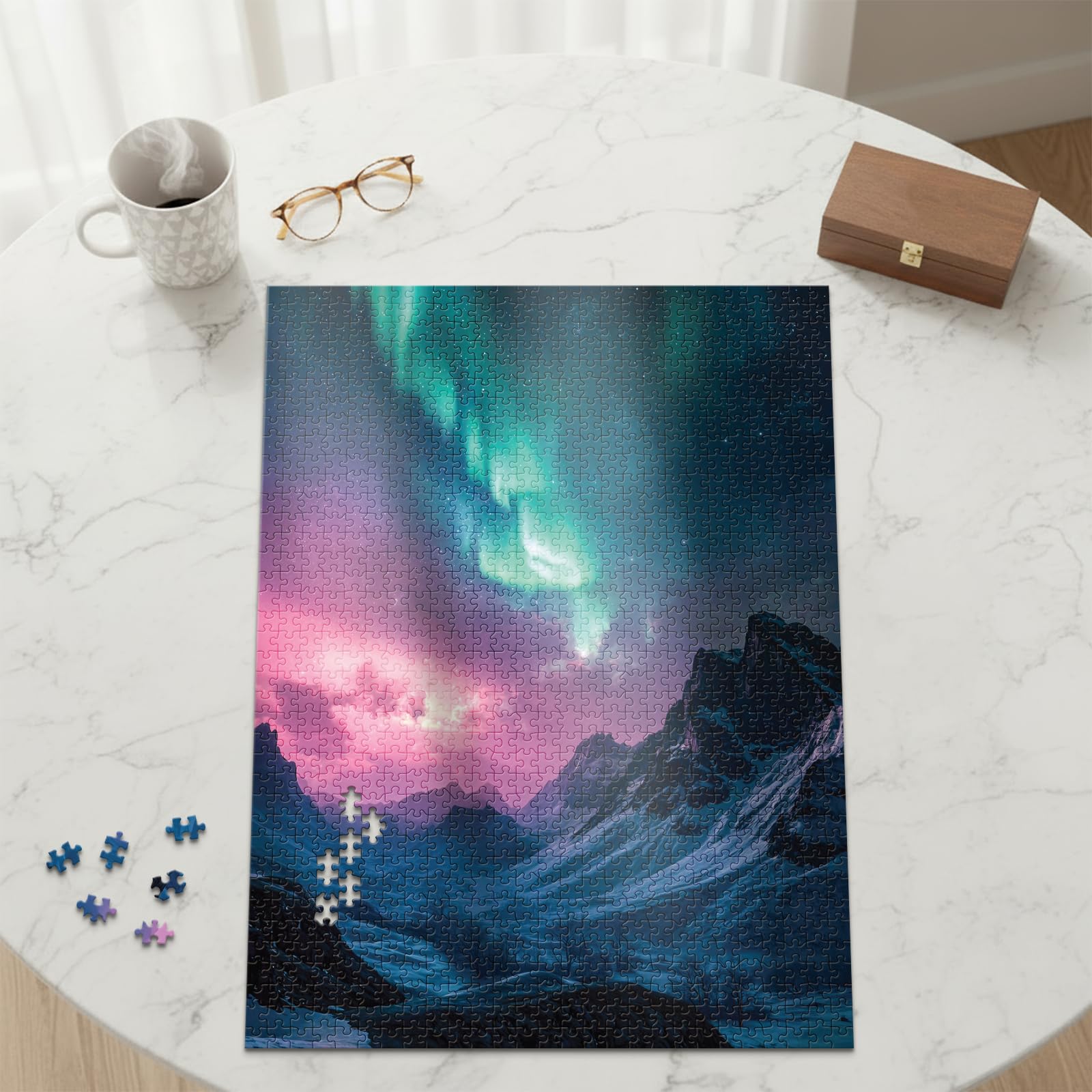 Final Piece Puzzles Arctic Aurora blue board close-up emphasizes warp-resistant premium construction.
