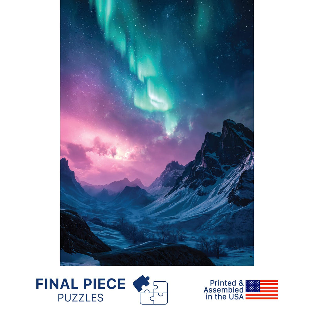 Final Piece Puzzles Arctic Aurora box side highlights premium packaging for gifting and shelf display.