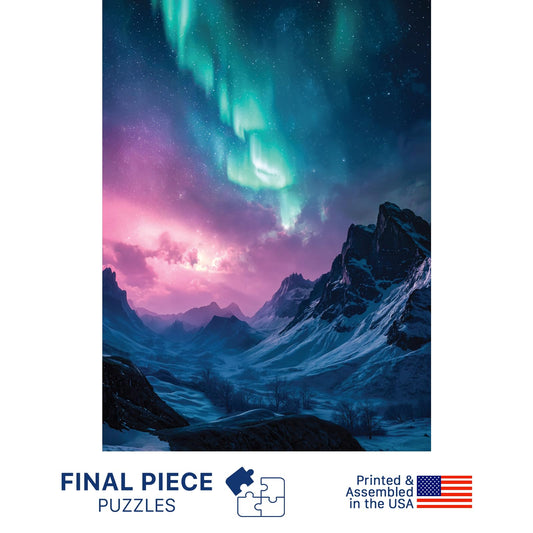 Final Piece Puzzles Arctic Aurora box side highlights premium packaging for gifting and shelf display.