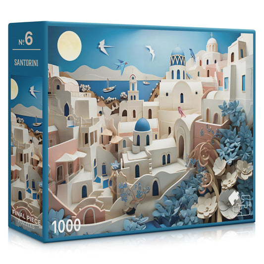 Final Piece Puzzles Santorini puzzle box shown with display-ready packaging