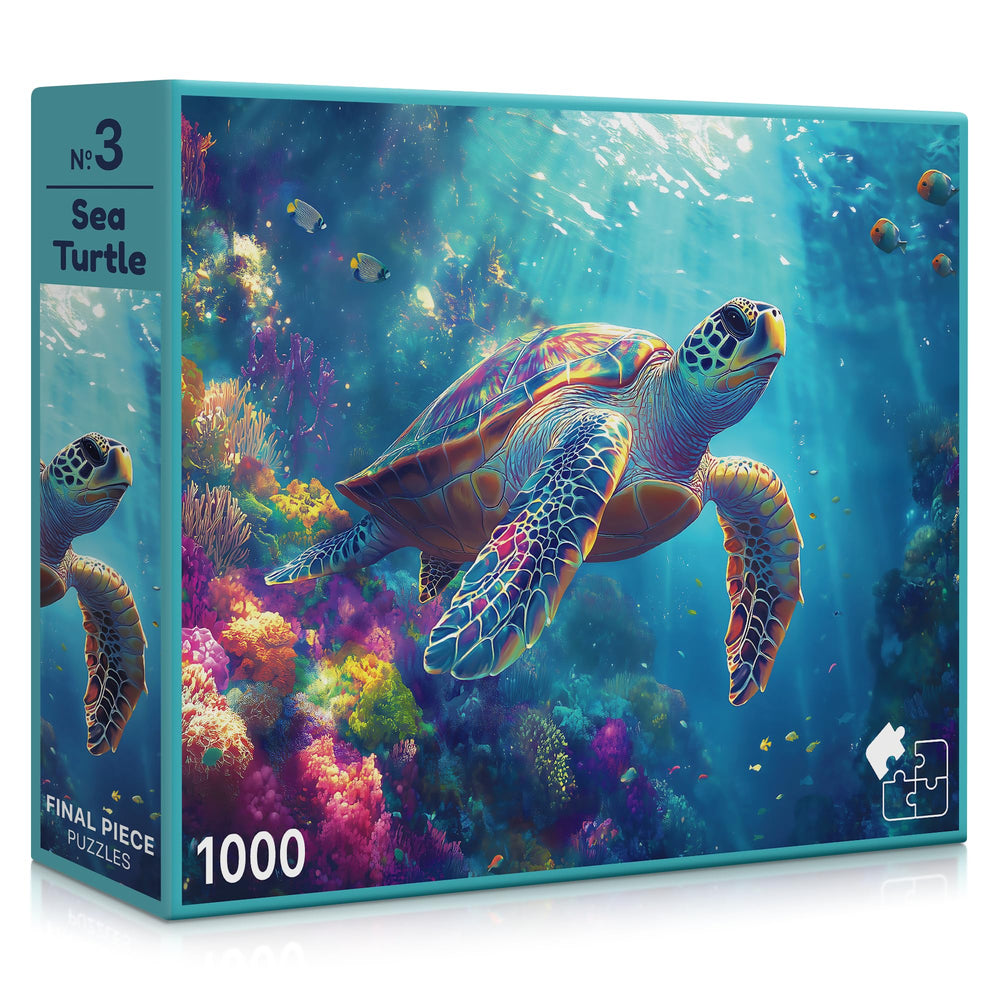 Final Piece Puzzles Sea Turtle 1000-piece puzzle reveals a vibrant reef scene for mindful evenings.