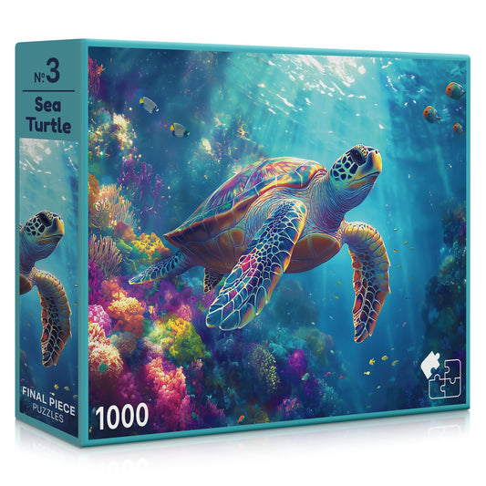 Final Piece Puzzles Sea Turtle 1000-piece puzzle reveals a vibrant reef scene for mindful evenings.
