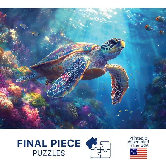 Final Piece Puzzles Sea Turtle European Blue Board ensures precise fits and lasting durability.