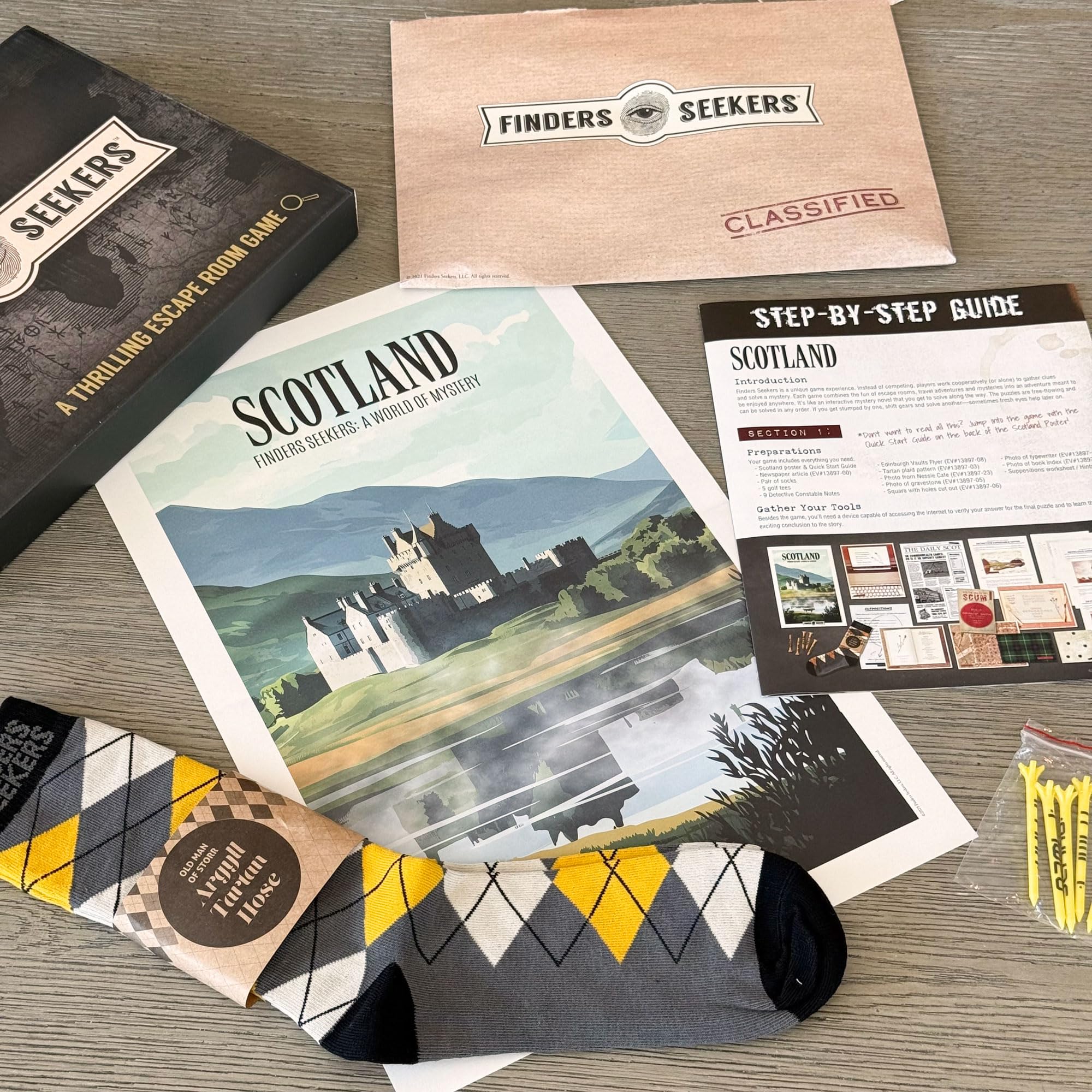 Finders Seekers Scotland souvenirs enhance authentic thematic immersion during family game night.