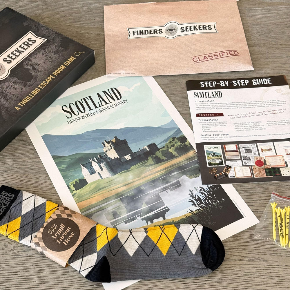 Finders Seekers Scotland souvenirs enhance authentic thematic immersion during family game night.
