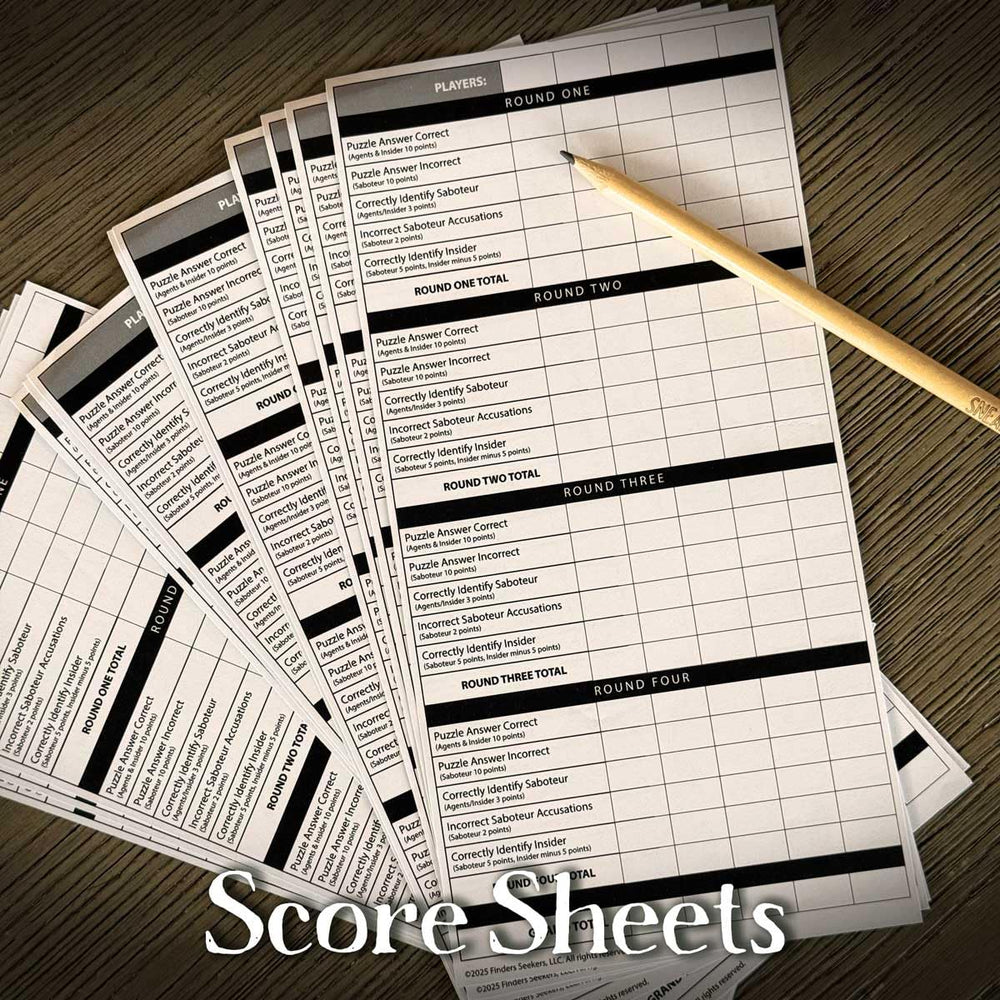 Finders Seekers Sneaky Sabotage puzzle table displays codes and clues in action.
