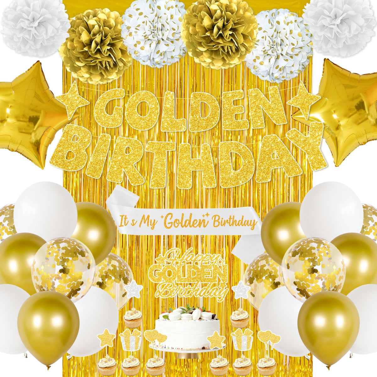 FINDRICH Golden Birthday Banner enhances photos with a radiant gold backdrop.