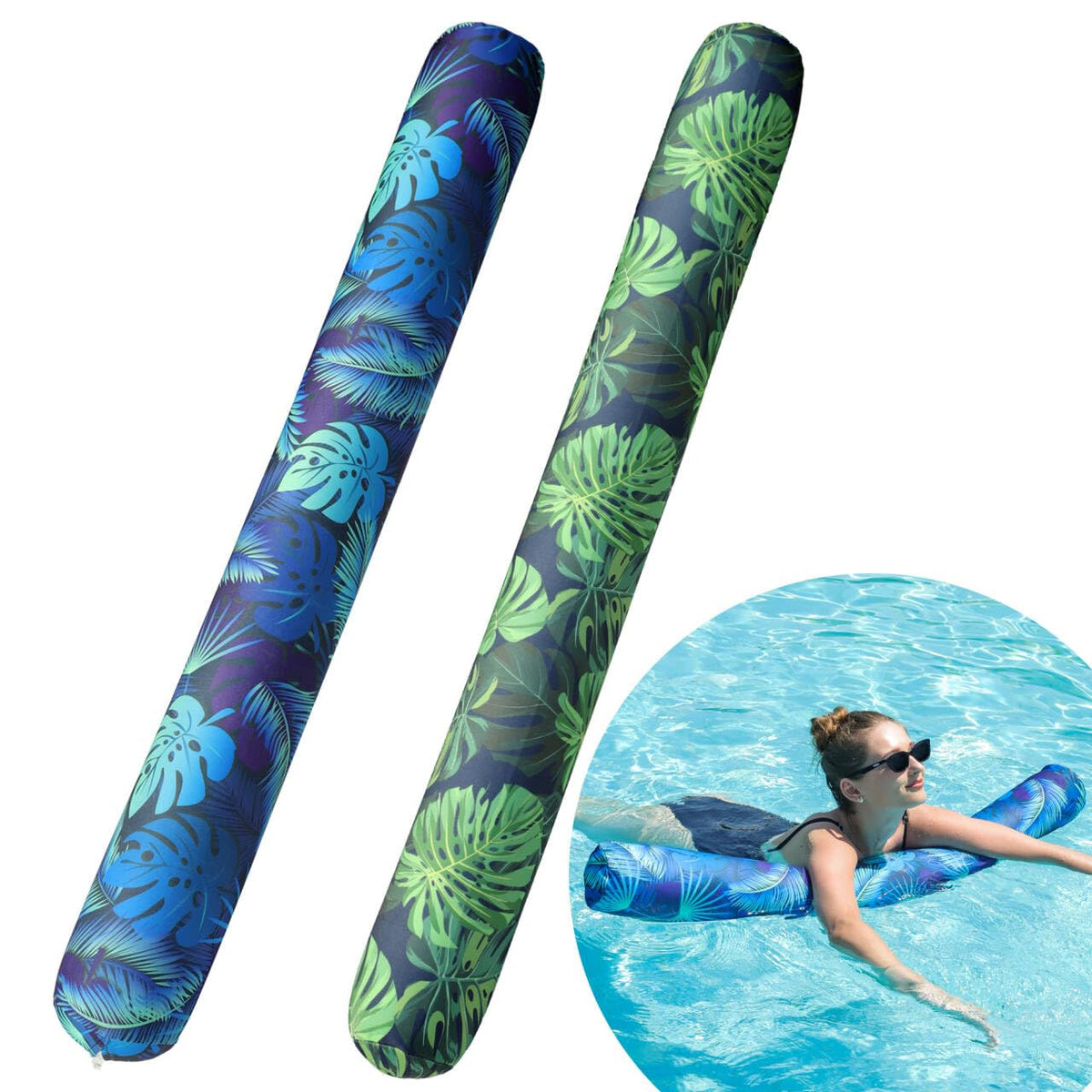 FindUWill two-pack noodles with blue-green flower pattern for relaxed pool lounging.