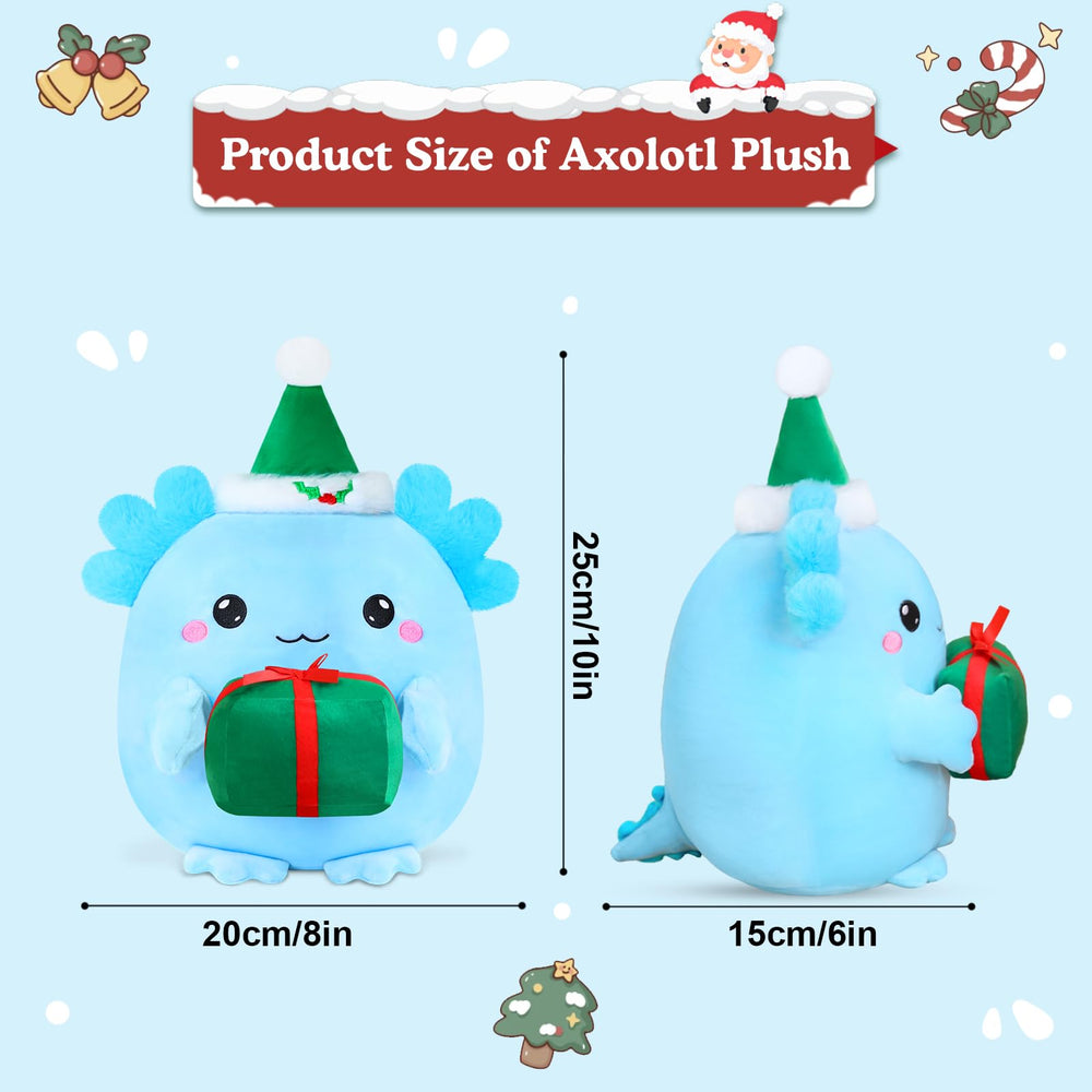 Finebee axolotl plush holding gift, perfect for gifting moments and holiday cheer.