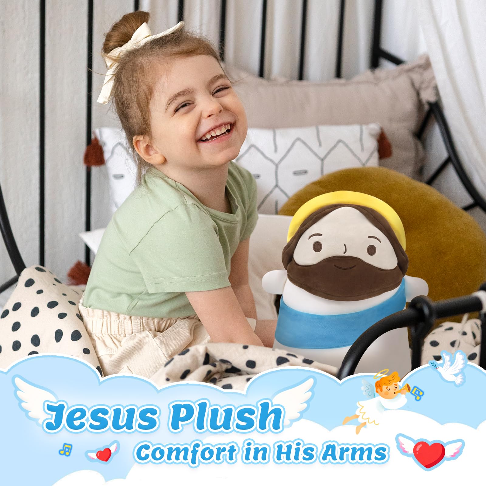 Finebee Jesus Plush face detail shows gentle expression for soothing hugs.