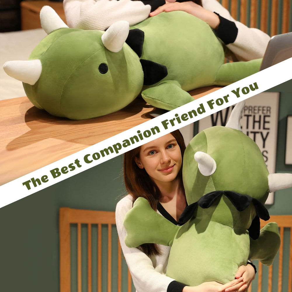 Finebee weighted dinosaur plush shown in a cozy bedroom setup.