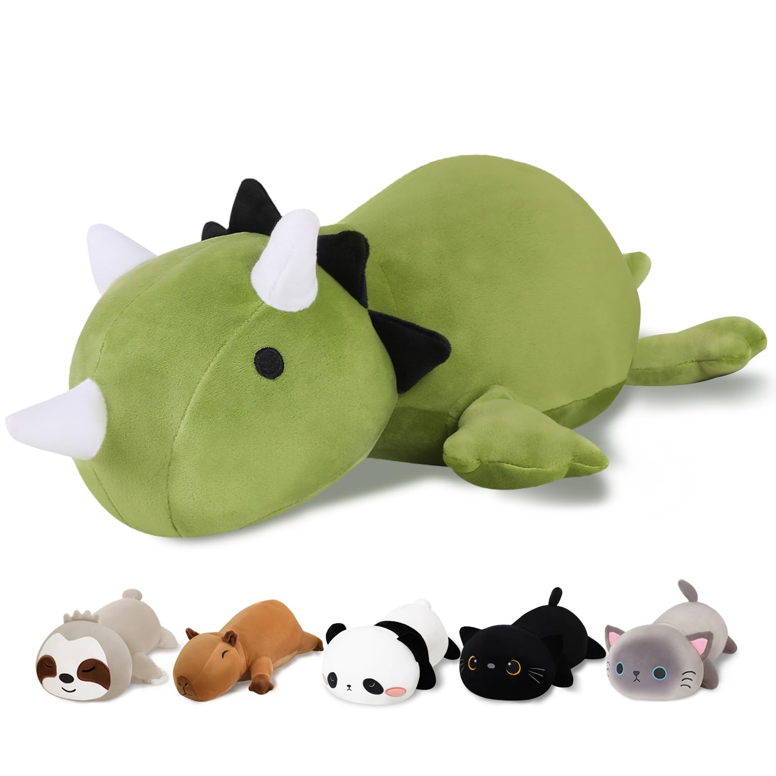 Finebee weighted dinosaur plush front view with ultra-soft fabric for cozy hugs.