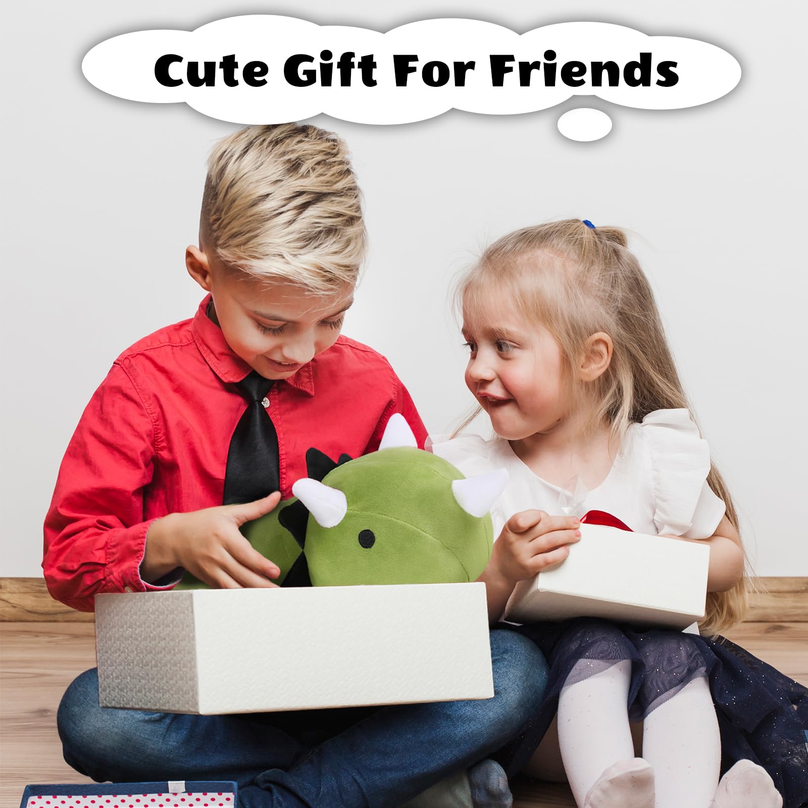 Finebee weighted dinosaur plush adds whimsy to living room decor.