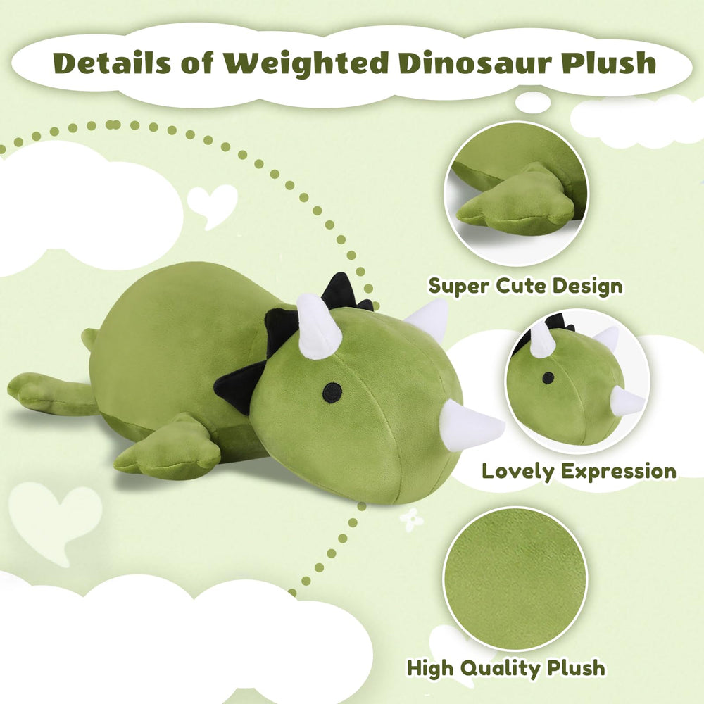 Finebee weighted dinosaur plush side view showing compact size for desk decor.