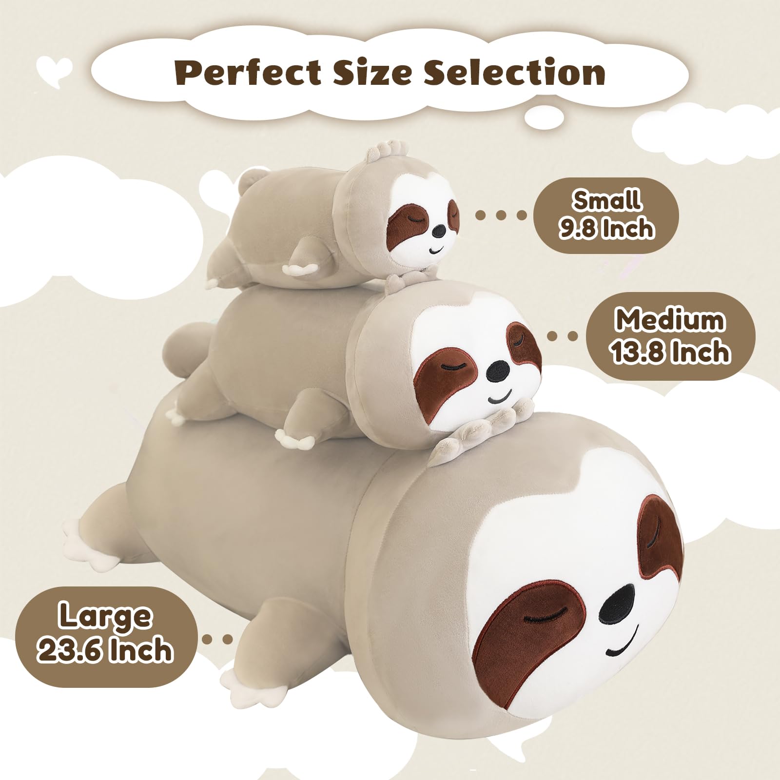 Finebee weighted sloth plush 13.8 inch size, versatile cuddle companion.