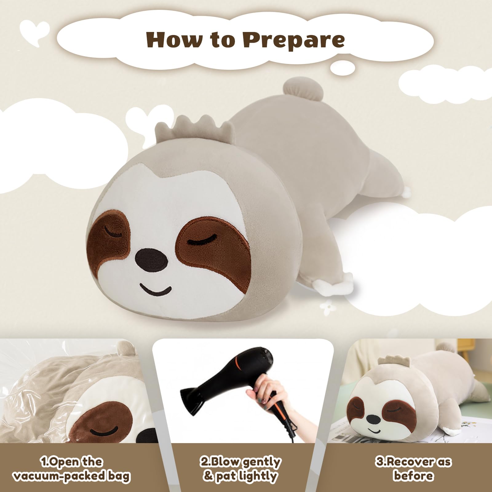 Finebee weighted sloth plush 23.6 inch size, large decorative plush.