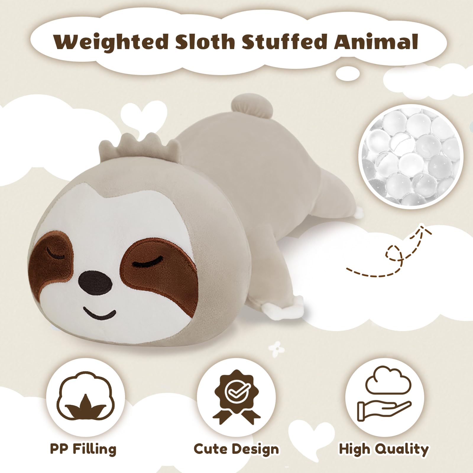 Finebee weighted sloth plush fur detail, ultra-soft texture.