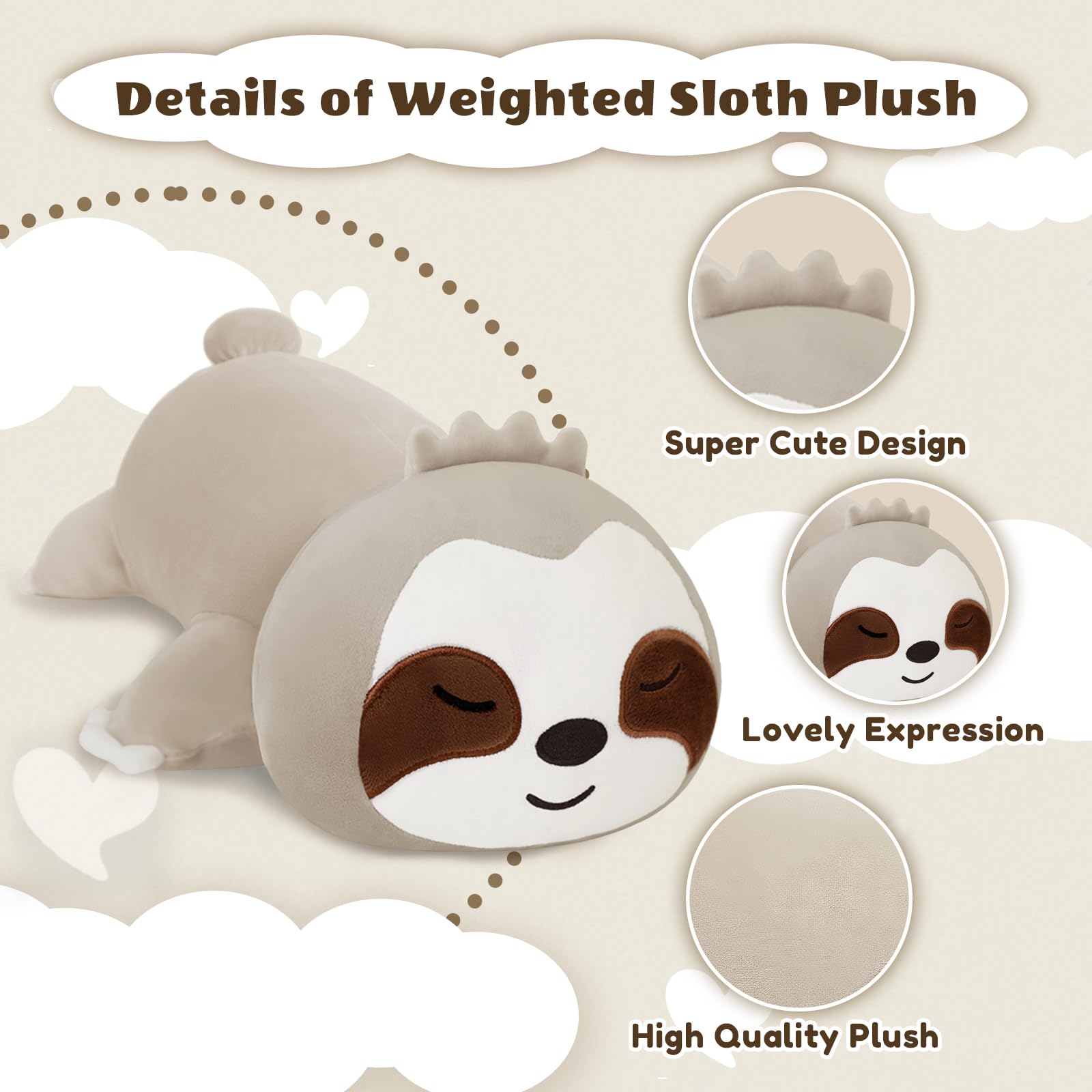 Finebee weighted sloth plush side view, soft fabric for safe play.