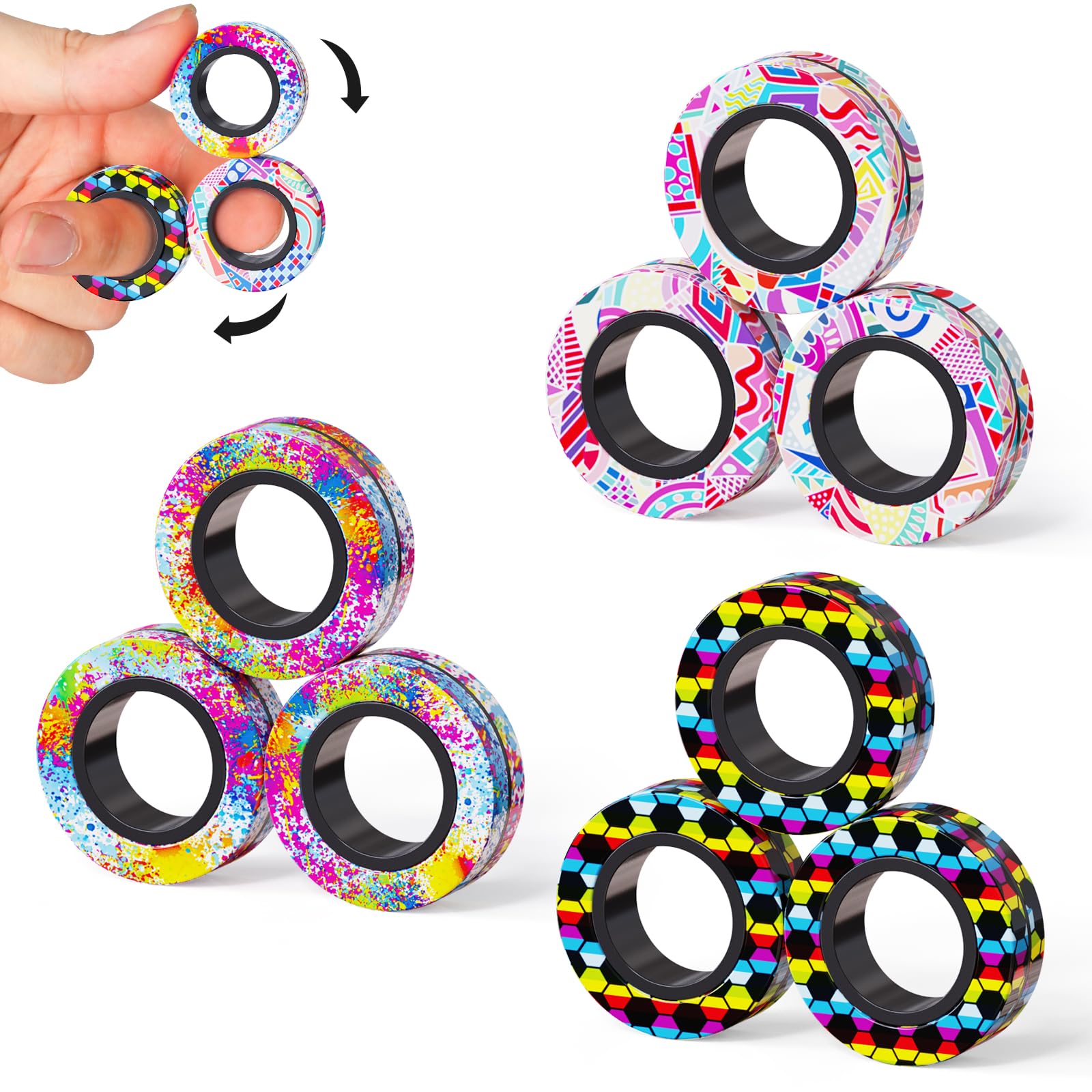 Finger Rock 9Pcs magnetic rings in a vibrant set, ideal for focus and stress relief when needed