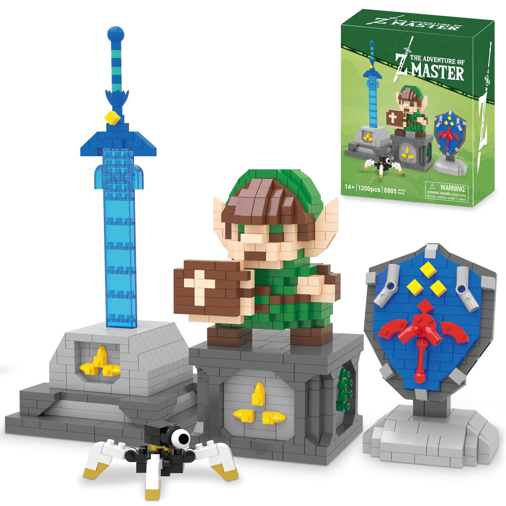 Finger Rock link-building set with Master Sword and Hylian Shield for desk display and play.