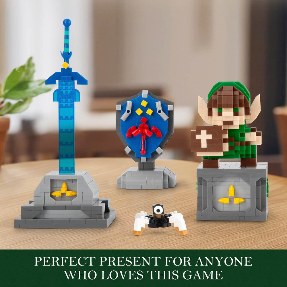 Finger Rock sword and shield diorama base enhances desk display.