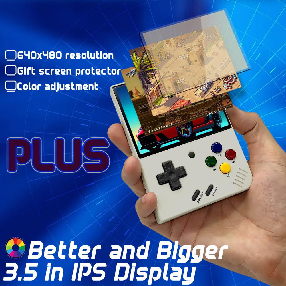FINGEREVO Miyoo Mini Plus 3.5-inch IPS screen close-up for sharp visuals.