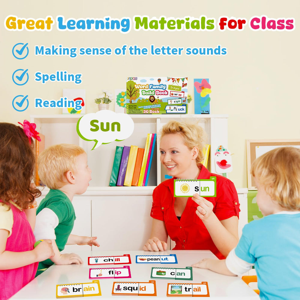 Inside pages show word families paired with pictures to boost recognition and memory