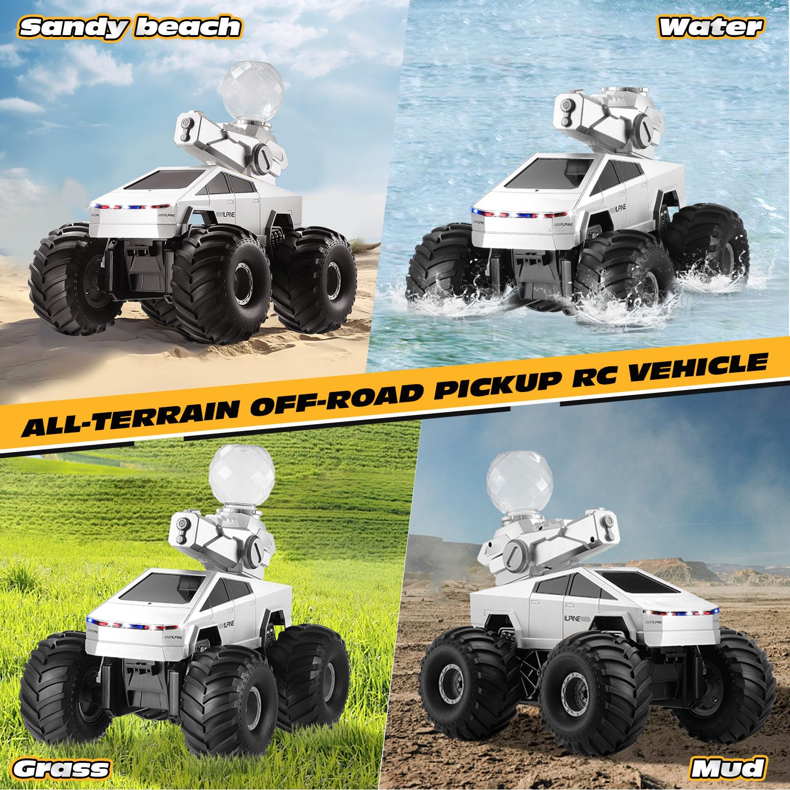 Fippy RC truck with LED lights illuminated for evening play