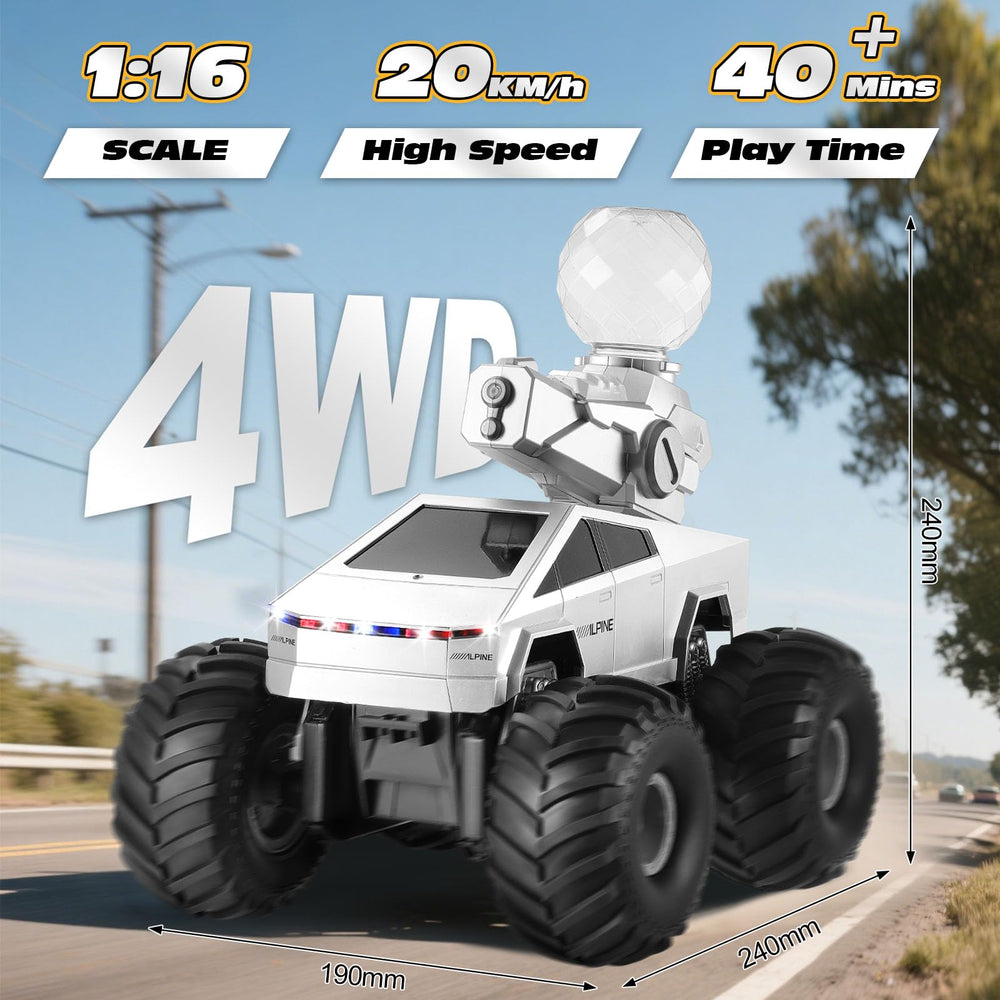 Fippy RC truck side view, shows 4WD chassis and sturdy build