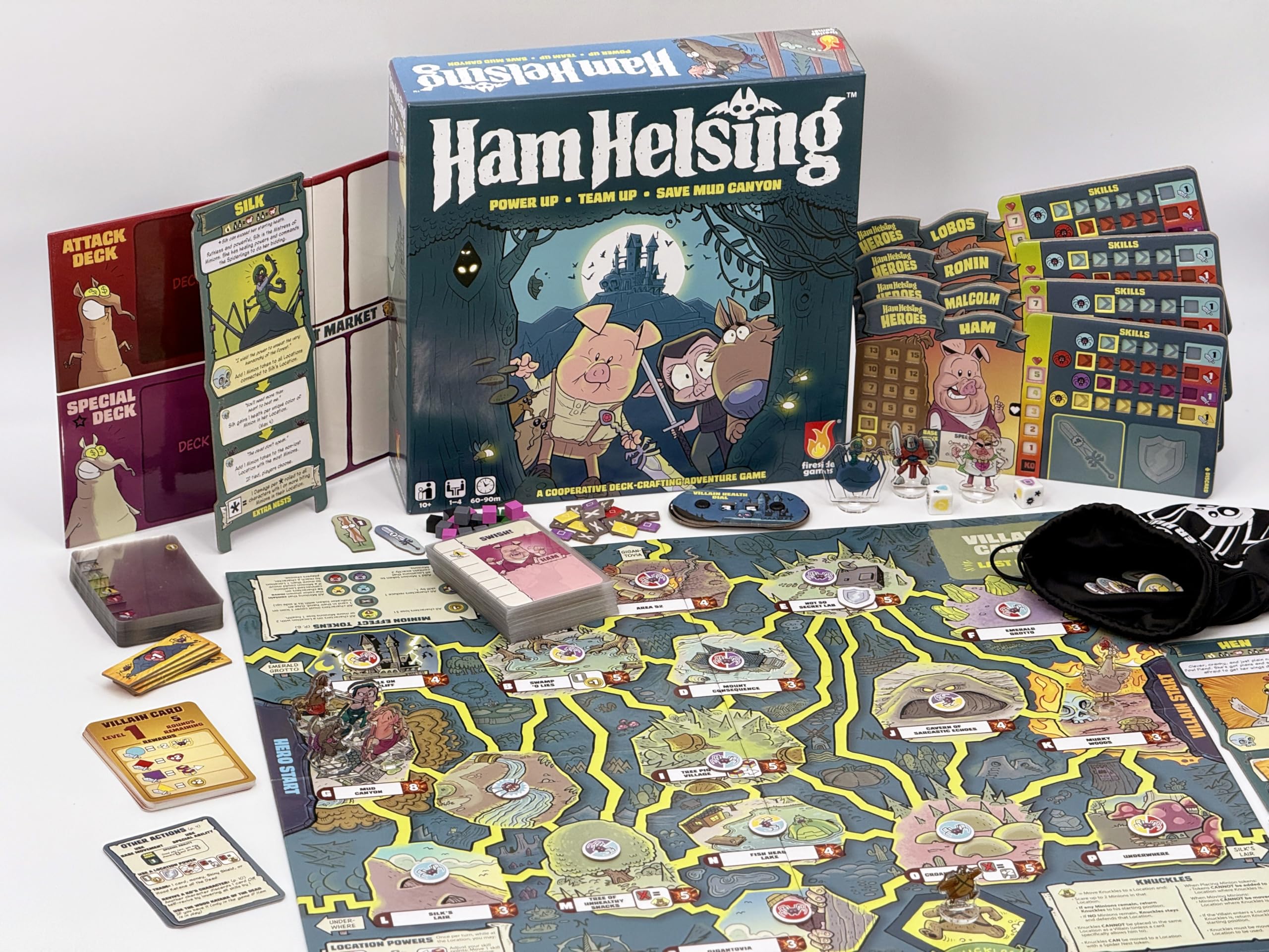 Ham Helsing dice and tokens capture tactile setup and strategic resource tracking.
