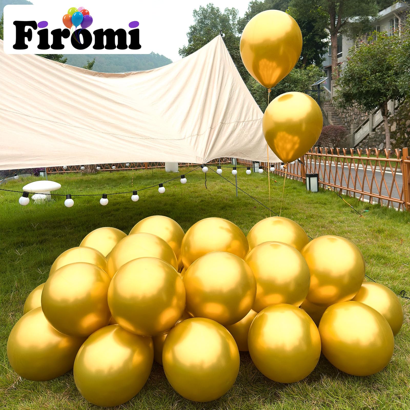 Firomi thickened latex gold balloon for helium or air inflation.