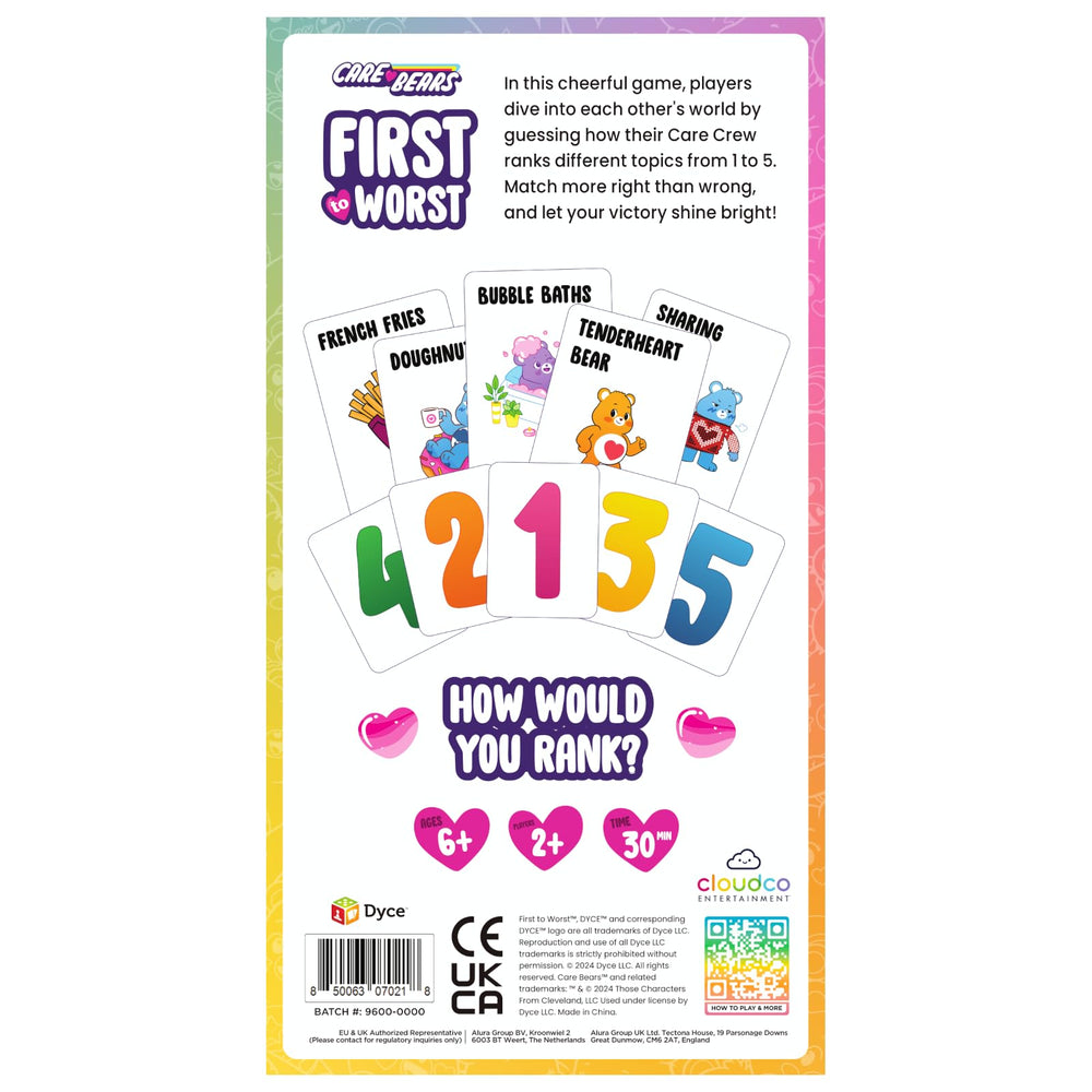 Care Bears ranking five items card layout prompts engaging group guessing.