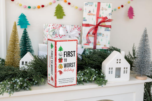 FIRST TO WORST Holiday Edition box showcases the festive party game for gatherings.