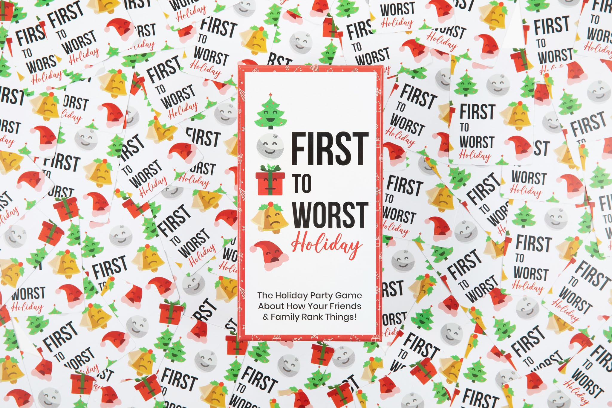 FIRST TO WORST Holiday Edition family playing scene captures holiday laughter.