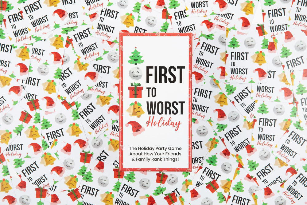 FIRST TO WORST Holiday Edition family playing scene captures holiday laughter.