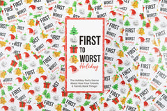 FIRST TO WORST Holiday Edition family playing scene captures holiday laughter.