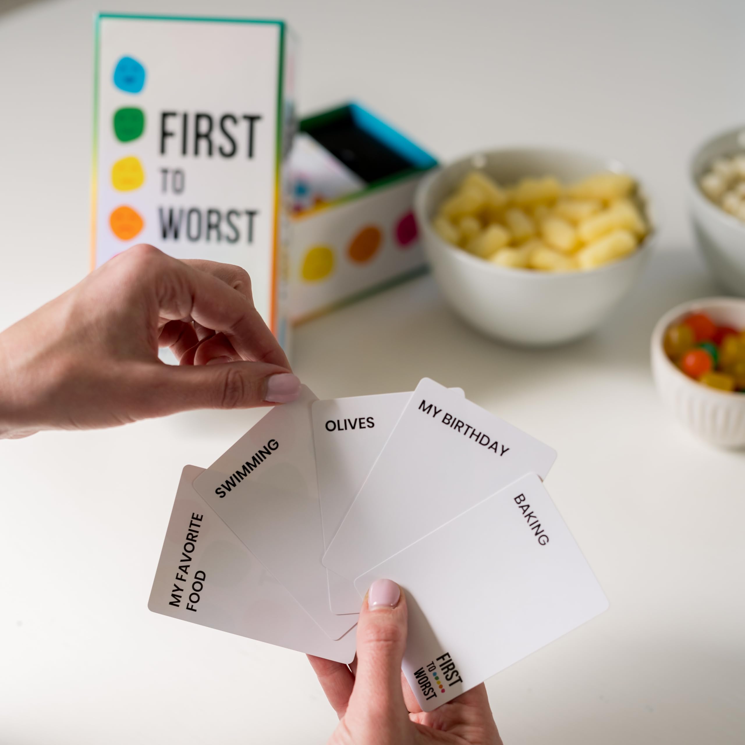 First to Worst pineapple talk card adds humor to casual dinner party.