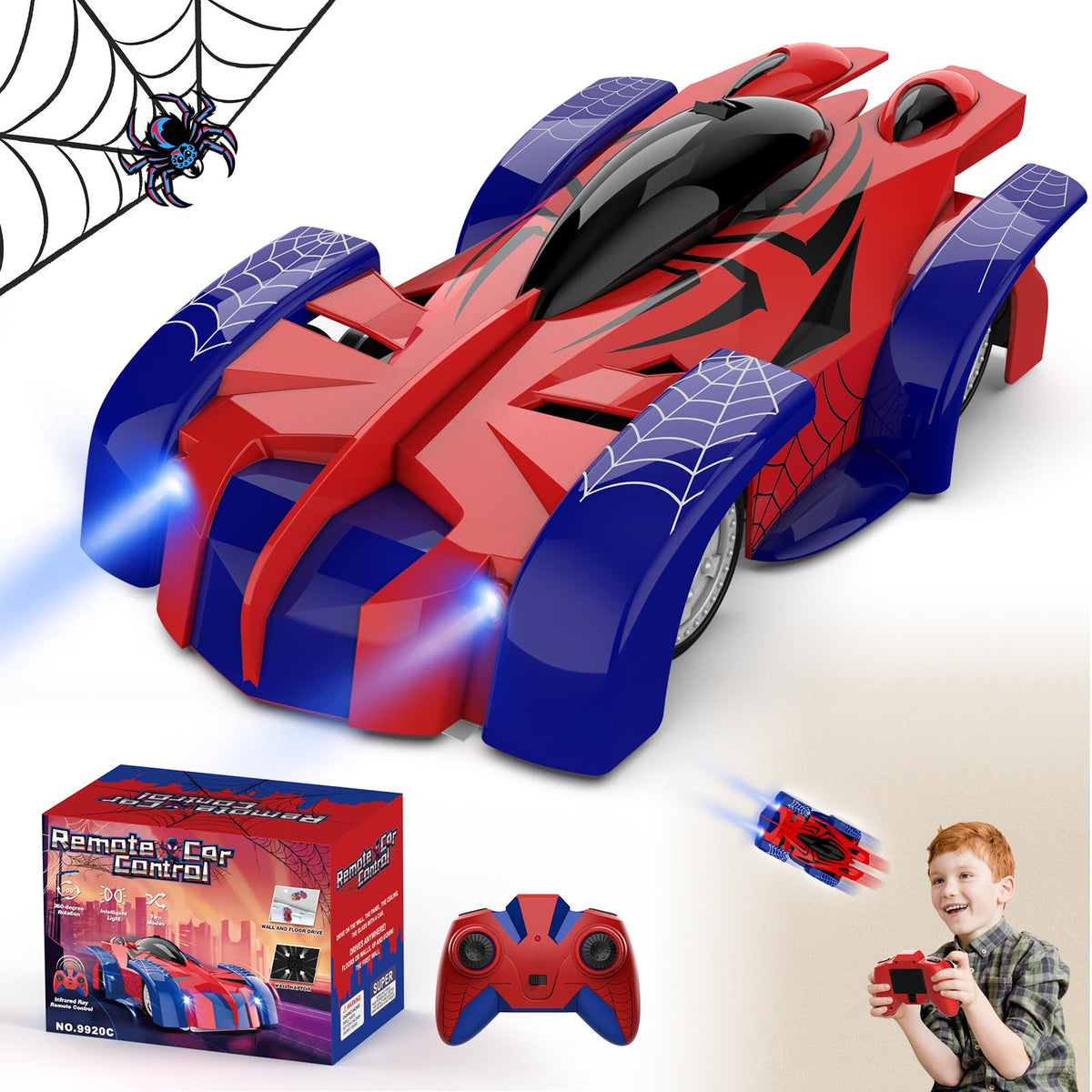FirYawee Wall Climber RC Car front view with LED headlights for exciting indoor play