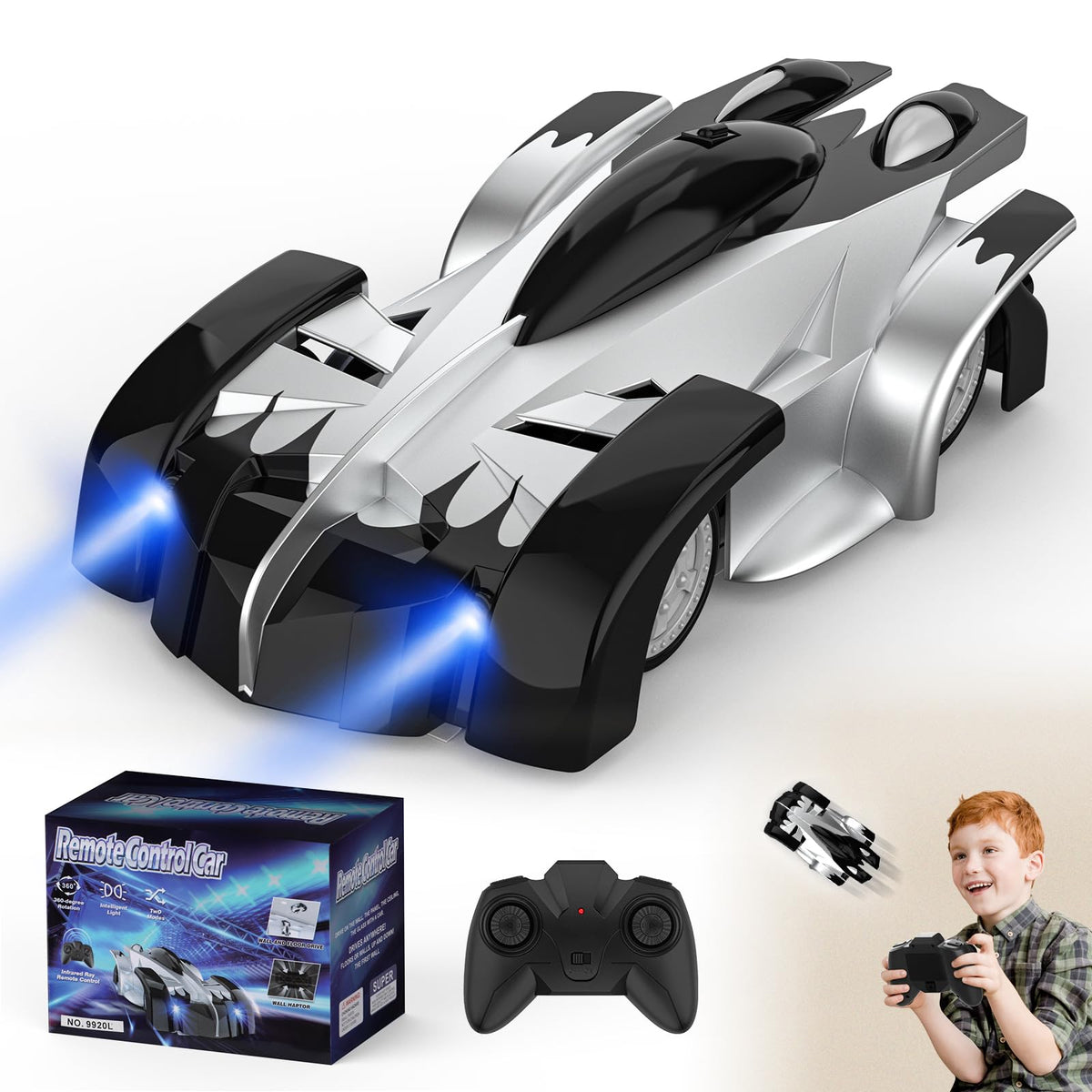 FirYawee wall-climbing RC car on smooth wall showing indoor fun