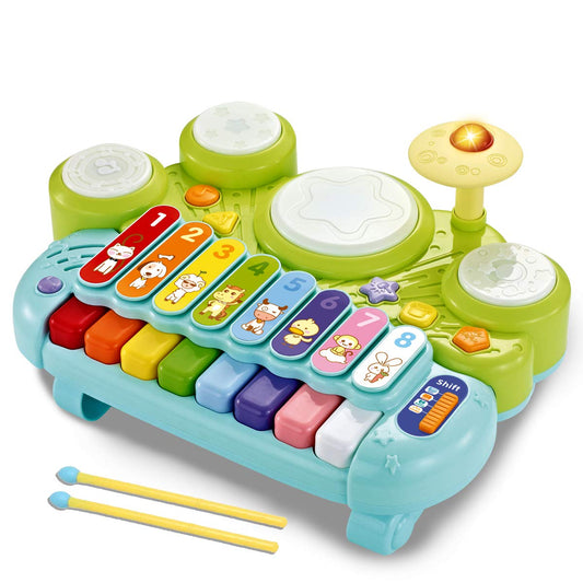 Fisca 3-in-1 toy shows piano keyboard and drum set for interactive learning