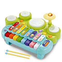 Fisca 3-in-1 toy shows piano keyboard and drum set for interactive learning