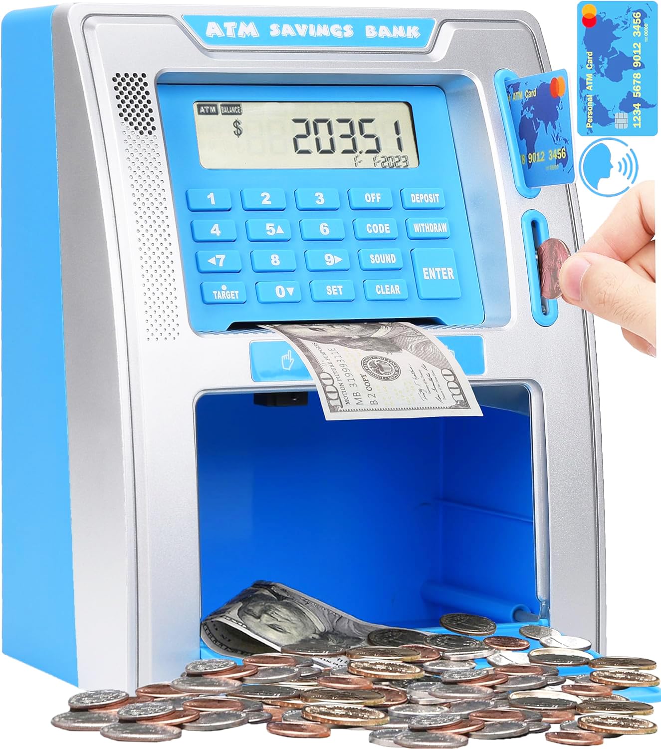 Fishboy ATM piggy bank balance display helps kids track savings easily.