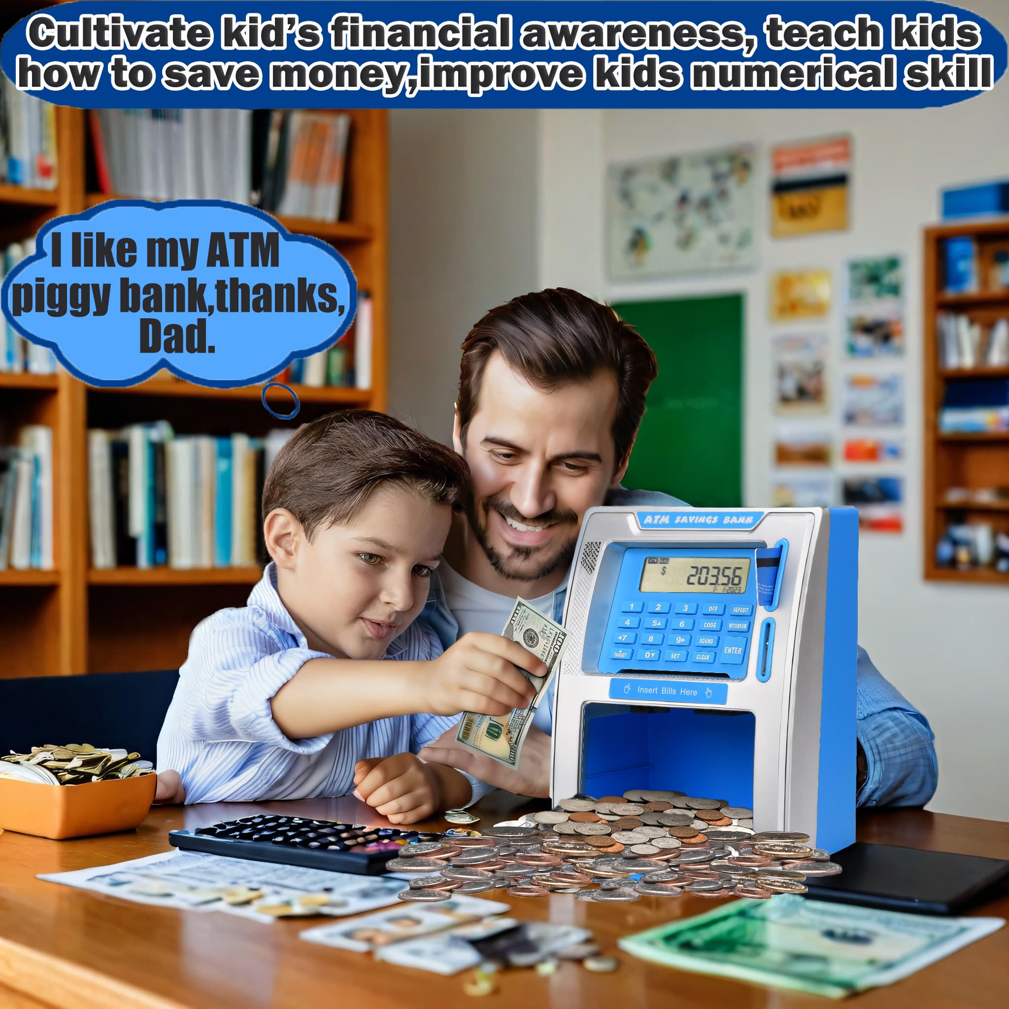 Fishboy ATM piggy bank coin slot readout shows deposited coin value.
